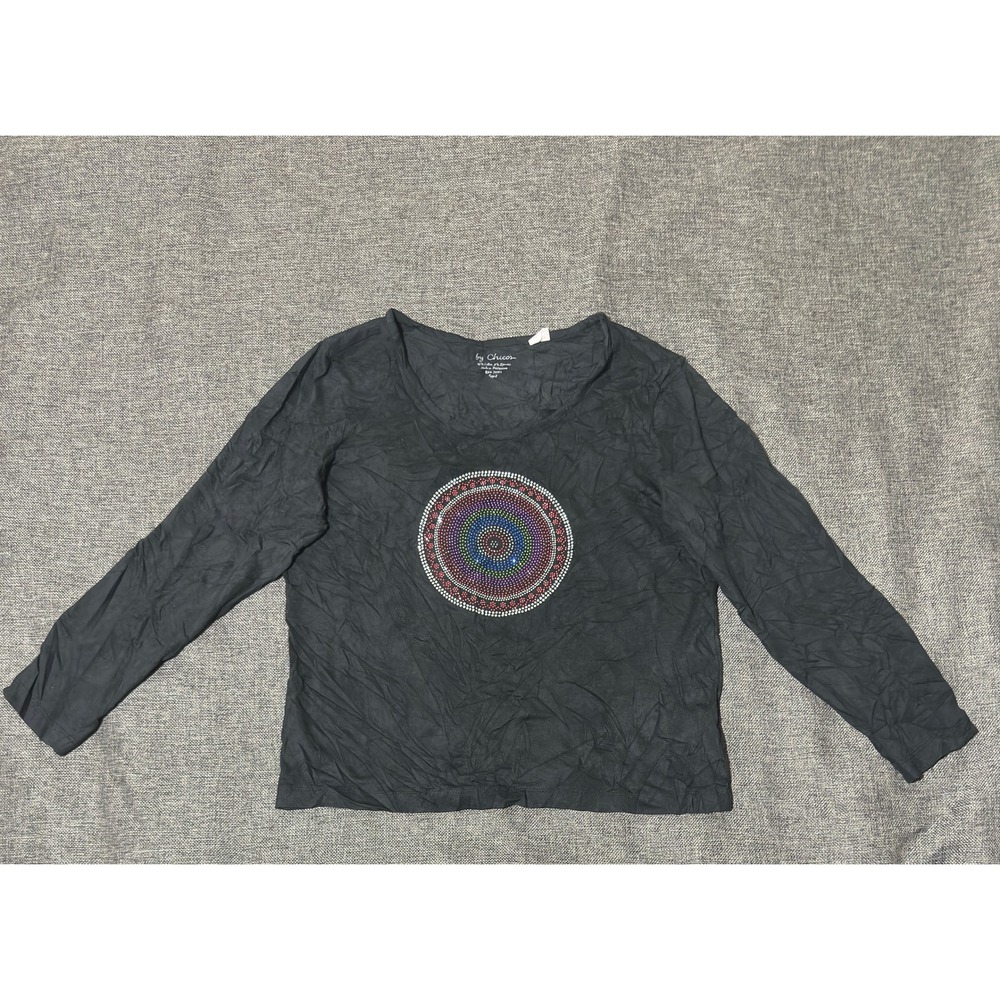 Chico's Womens Size 2 Top Long Sleeve Rhinestone Mandala Black Cotton Blend
